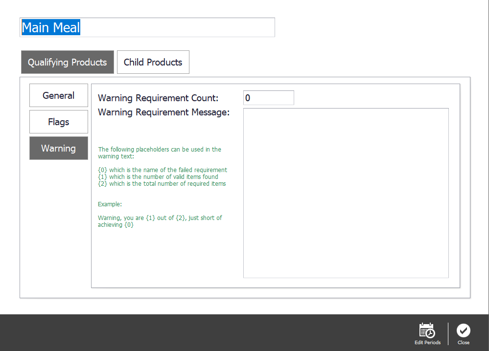The warning message settings on a rule