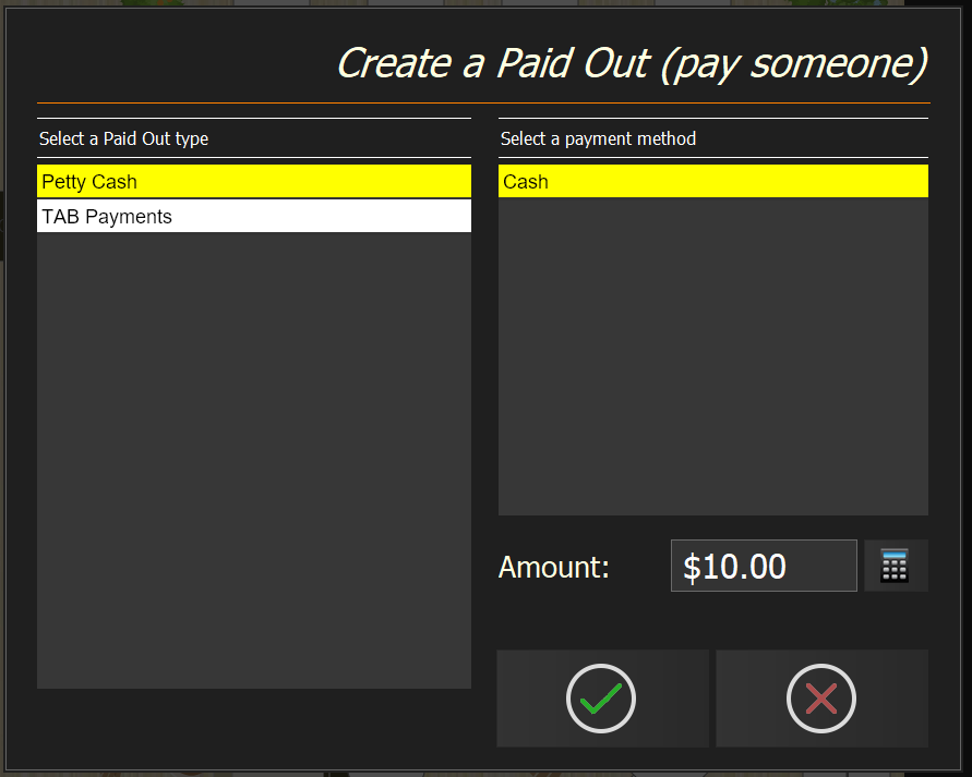 The paid in/out screen with the type on the left and payment methods on the right
