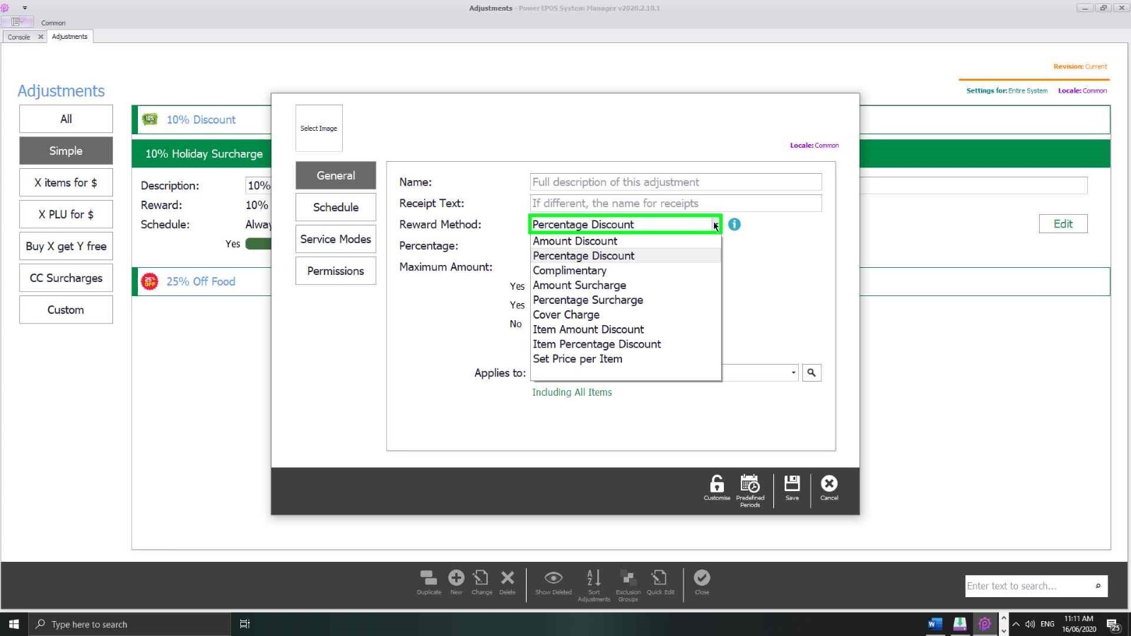 The reward method drop-down open on the adjustment
