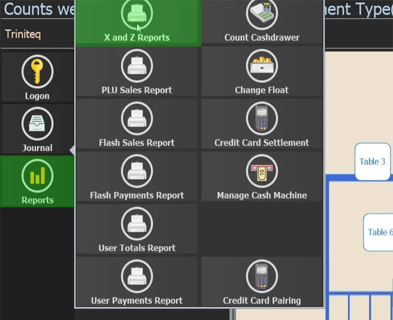 The Reports menu with X and Z Reports selected