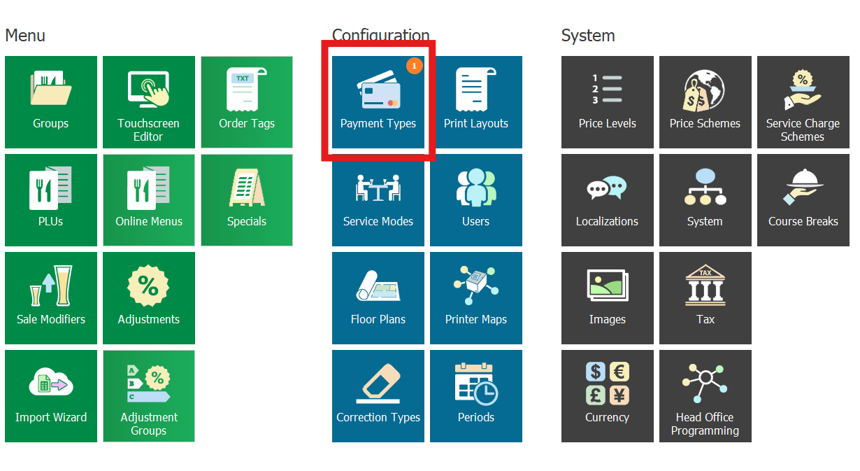 The Payments section of System Manager