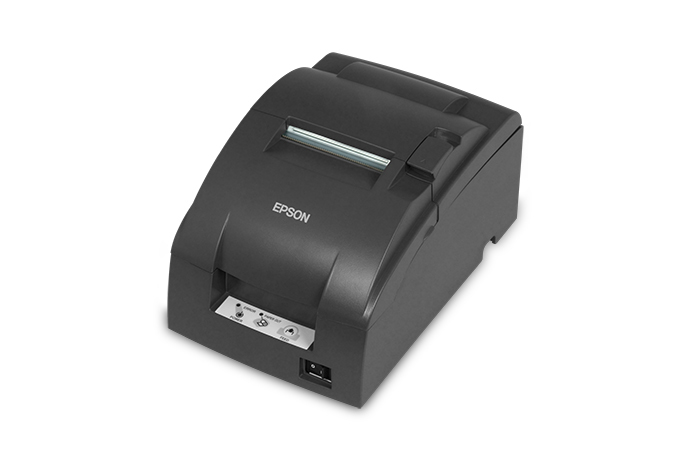 An Epson TM-U220 kitchen printer, with the paper slot on top and the small panel of status lights at the front