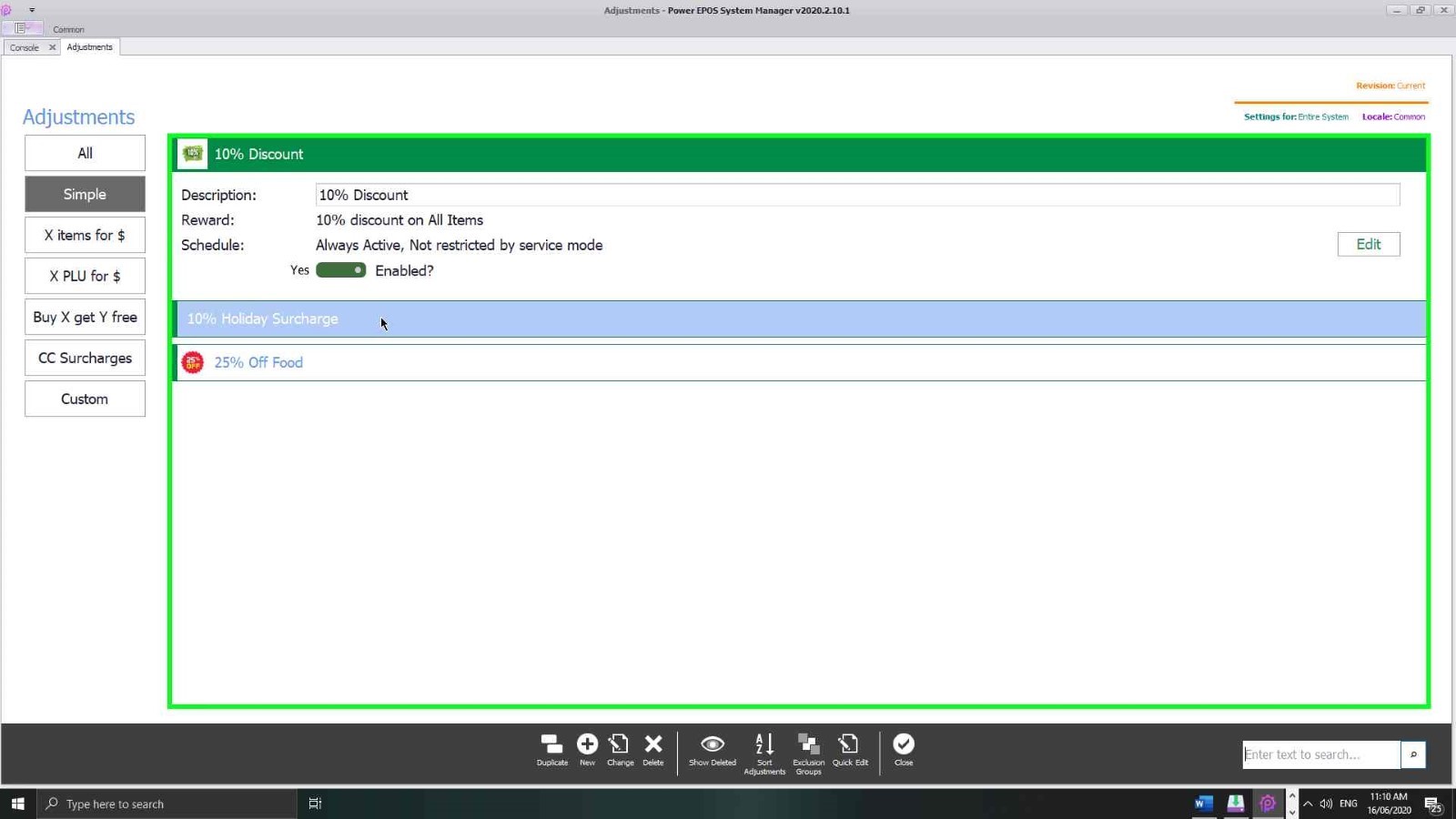 An adjustment selected with the Edit option and the enabled switch