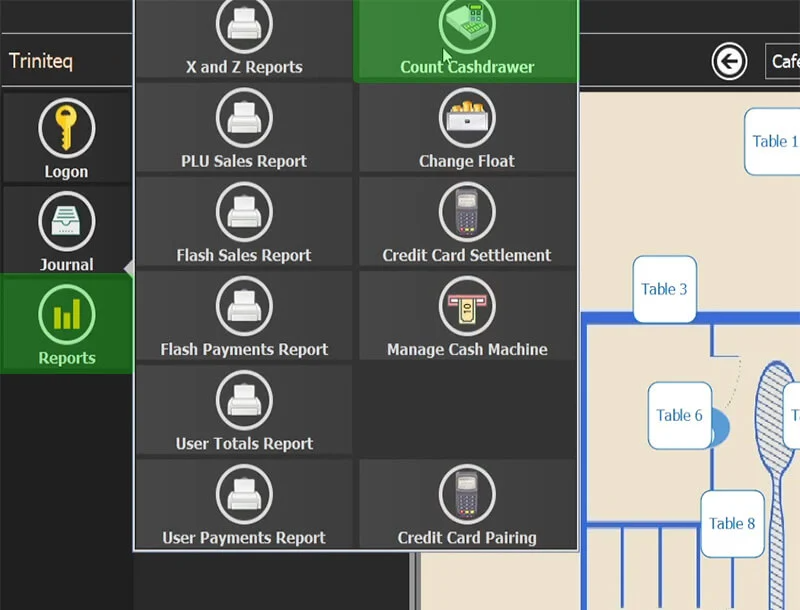 The POS Reports menu with Count Cashdrawer selected