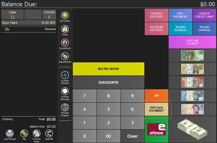 The payment screen with the Gift Card Payment button