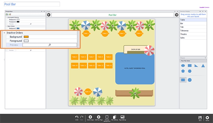The floor plan preview showing the table management colour scheme
