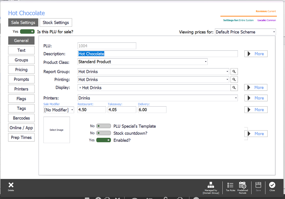A PLU opened from the PLU list in POS System Manager
