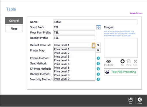 The price level drop-down on the service mode