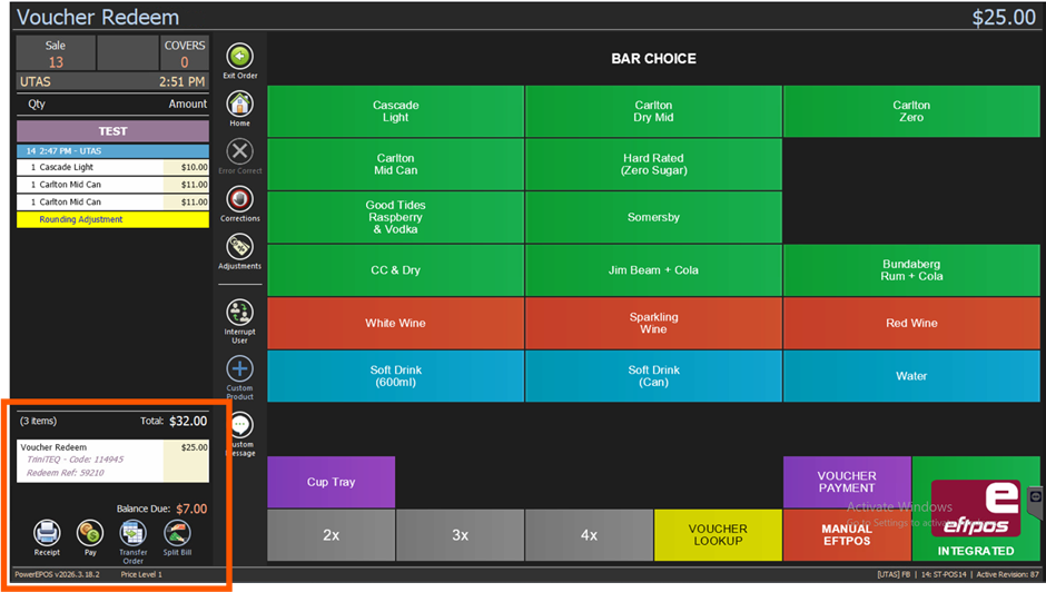 The payment summary showing the gift card payment and the balance still owing
