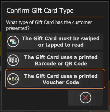 The three gift card type options shown during payment
