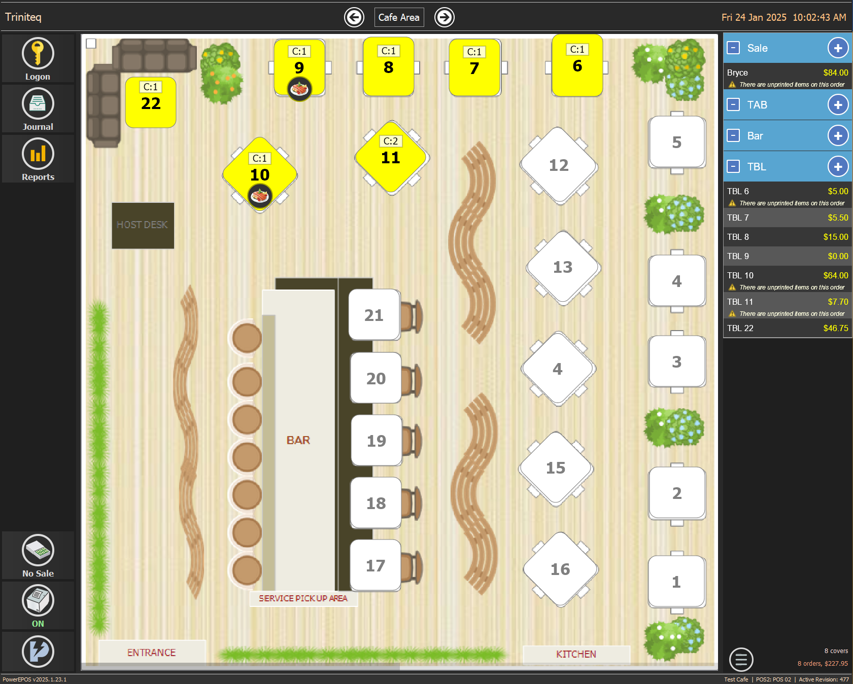 A new table open on the POS for testing