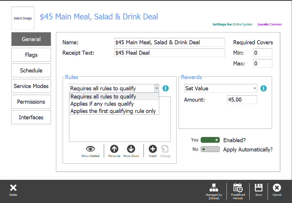 The rules section of the customised adjustment