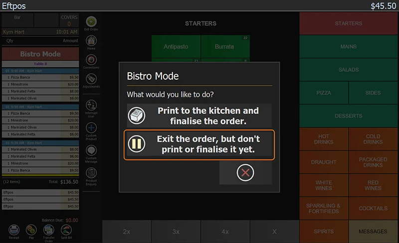 The prompt shown on exiting an unfinished order