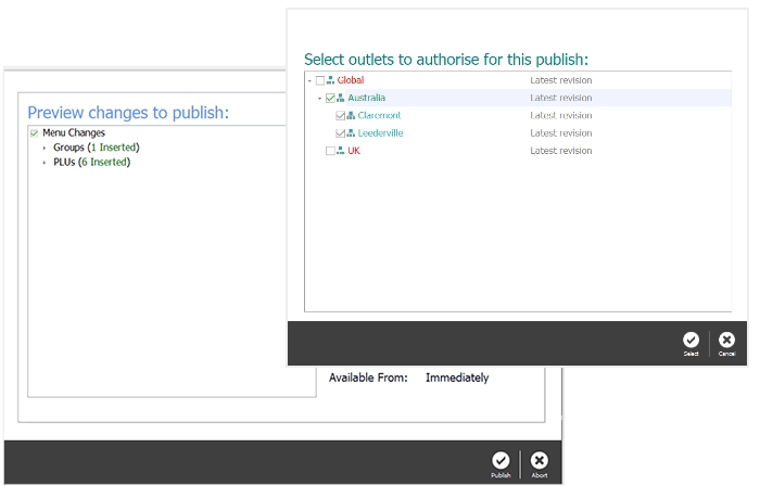 The publish screen with items and outlets selected