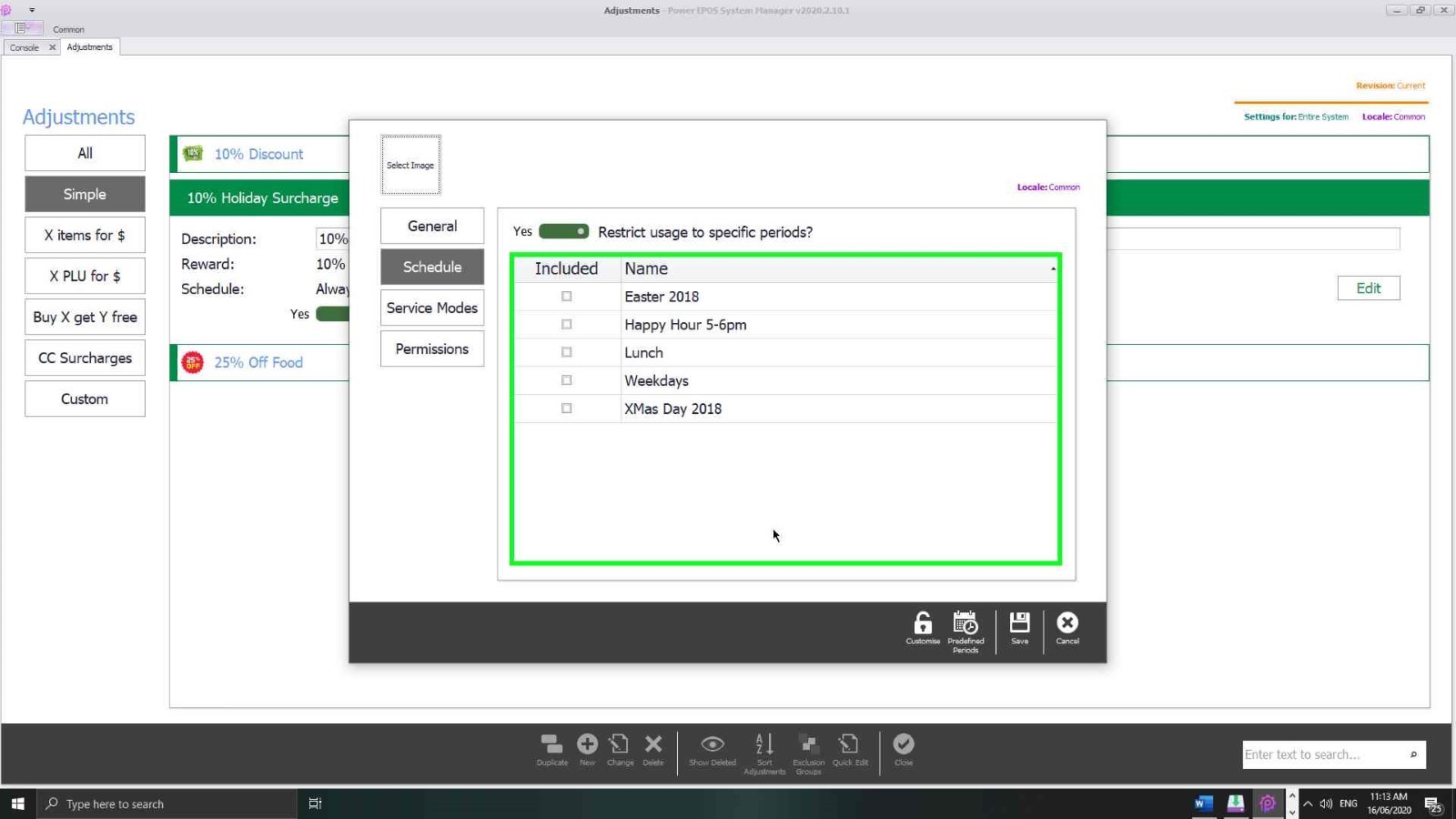 The schedule settings on an adjustment