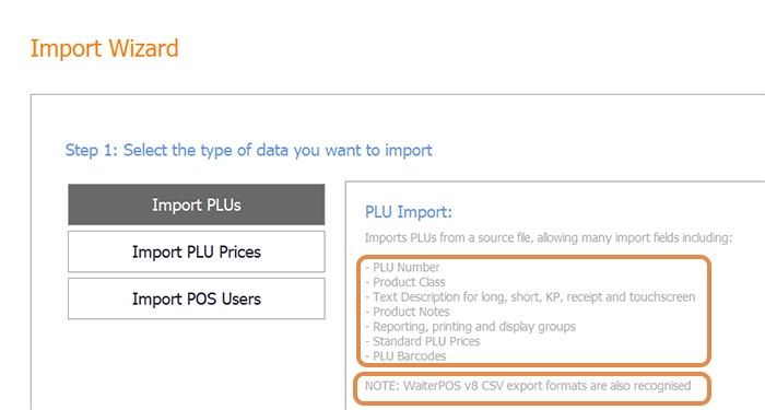The Product Import Wizard showing the Import PLU tab and the fields it accepts