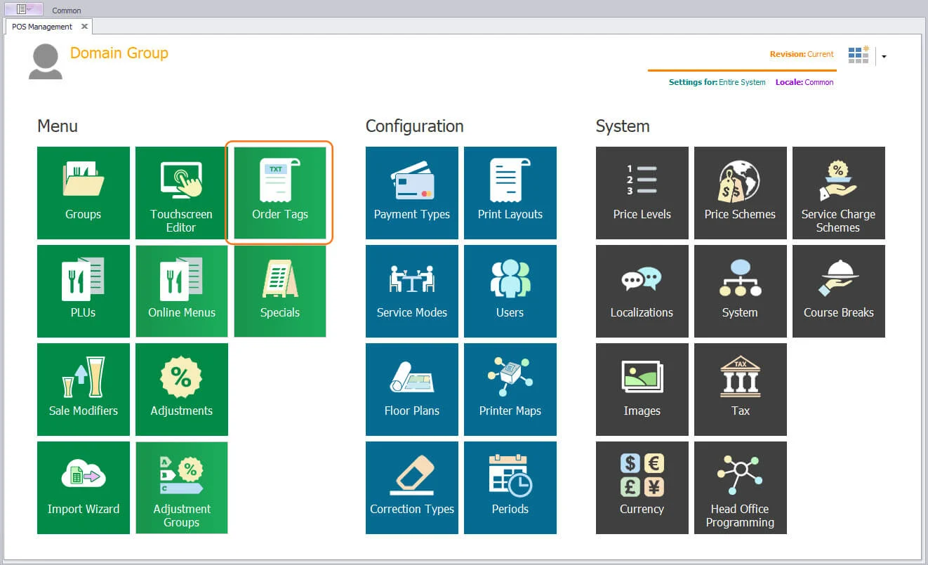 The POS Management screen with the Order Tags tile