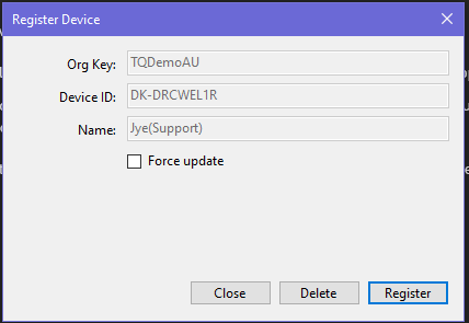 The TQ Receipt Agent registration window with the organisation ID and device name