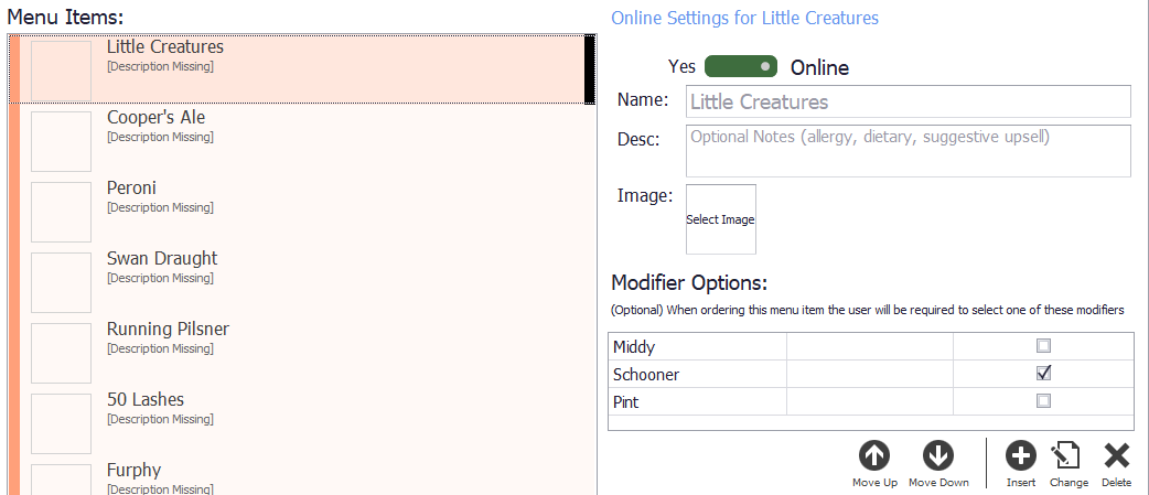 The remaining sizes added as modifier options
