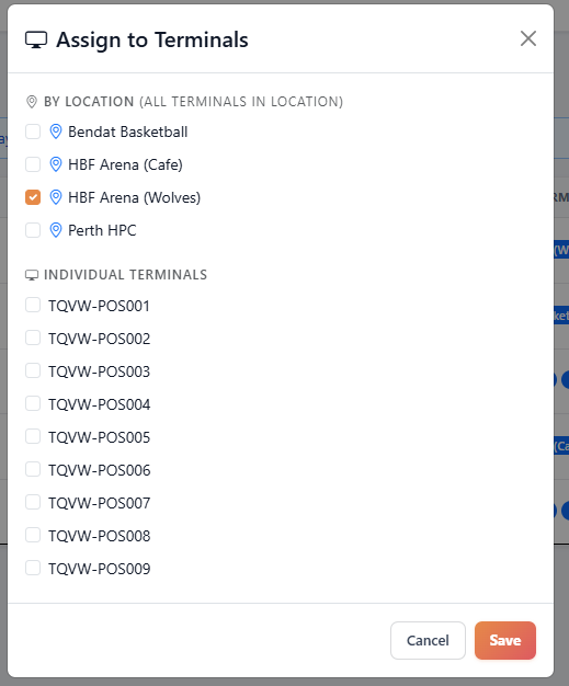 The device picker, listing locations and the terminals under each