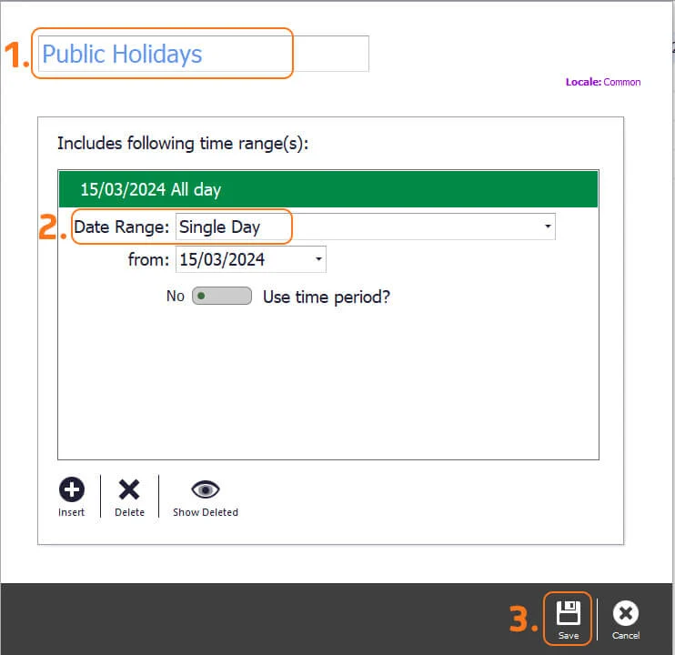 The new period named Public Holidays with a Single Day date range