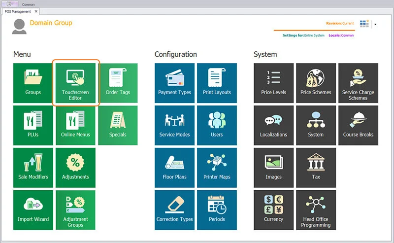 The POS Management screen with the Touchscreen Editor tile