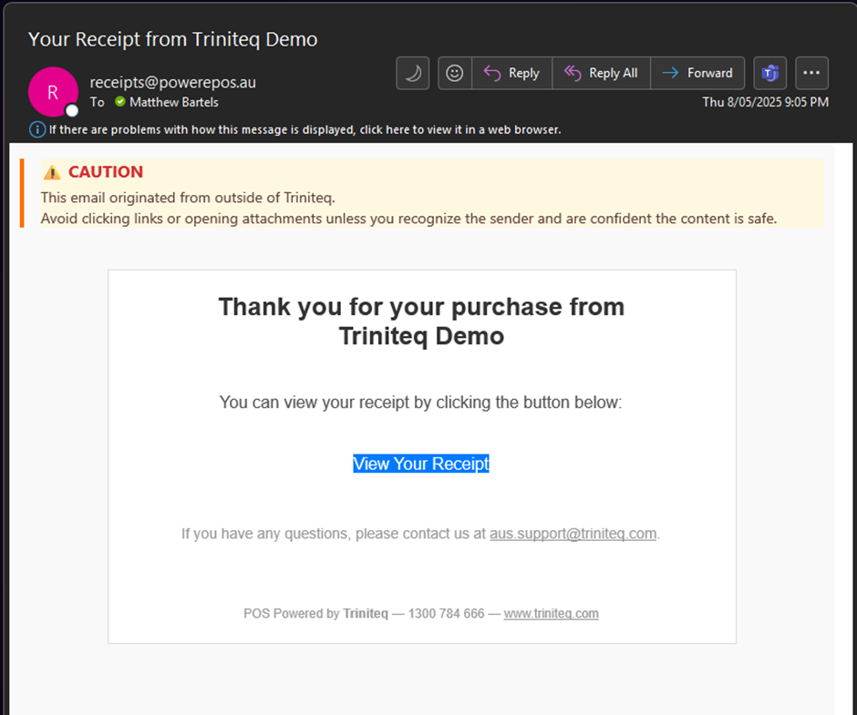 The receipt email as the customer receives it