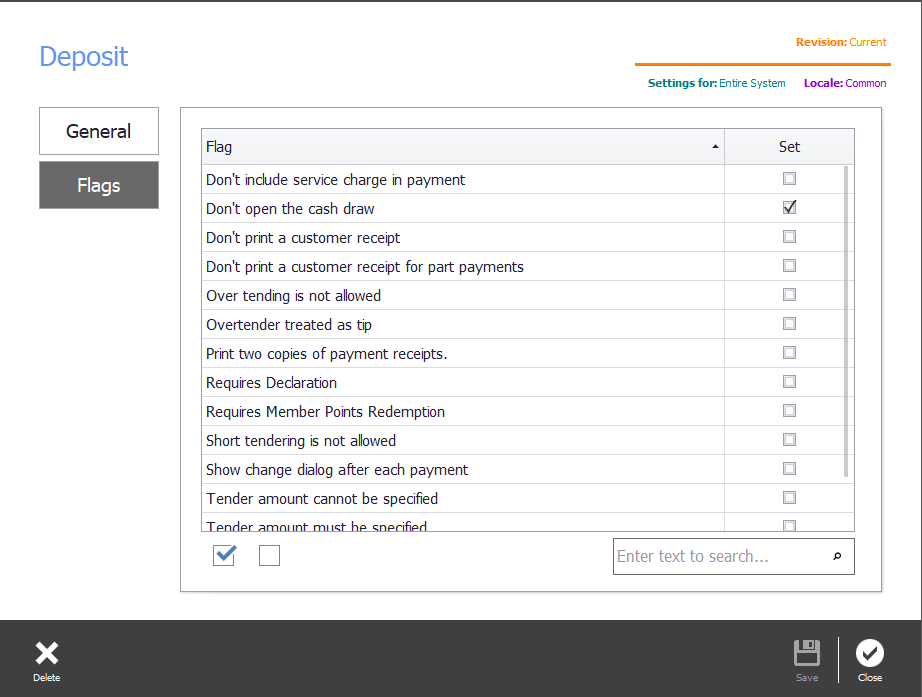 The Flags page of the payment type with Don't open the cash drawer selected