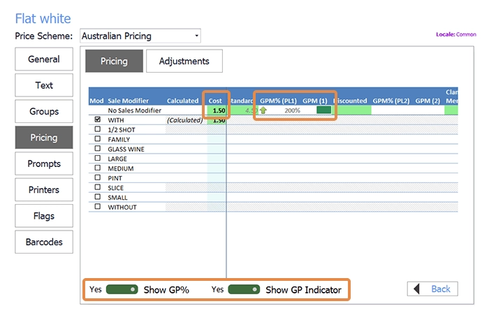 The cost field with the gross profit percentage and indicator turned on