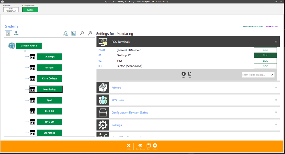 The System screen in System Manager with a POS terminal selected
