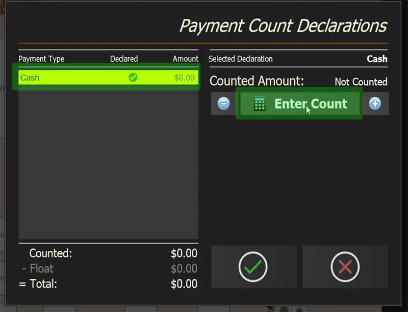 The Count Cashdrawer screen with Cash and Enter Count