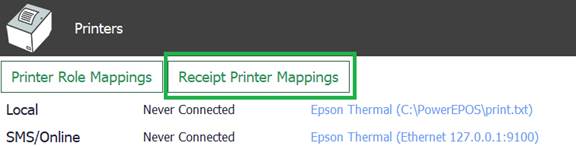 The Receipt Printer Mappings screen