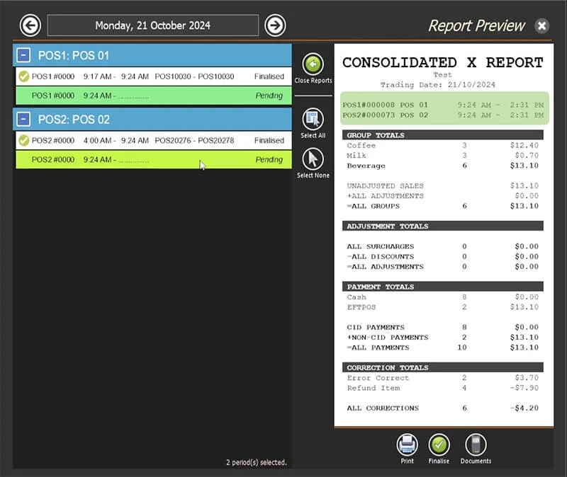The X and Z Reports list showing the pending report from each terminal