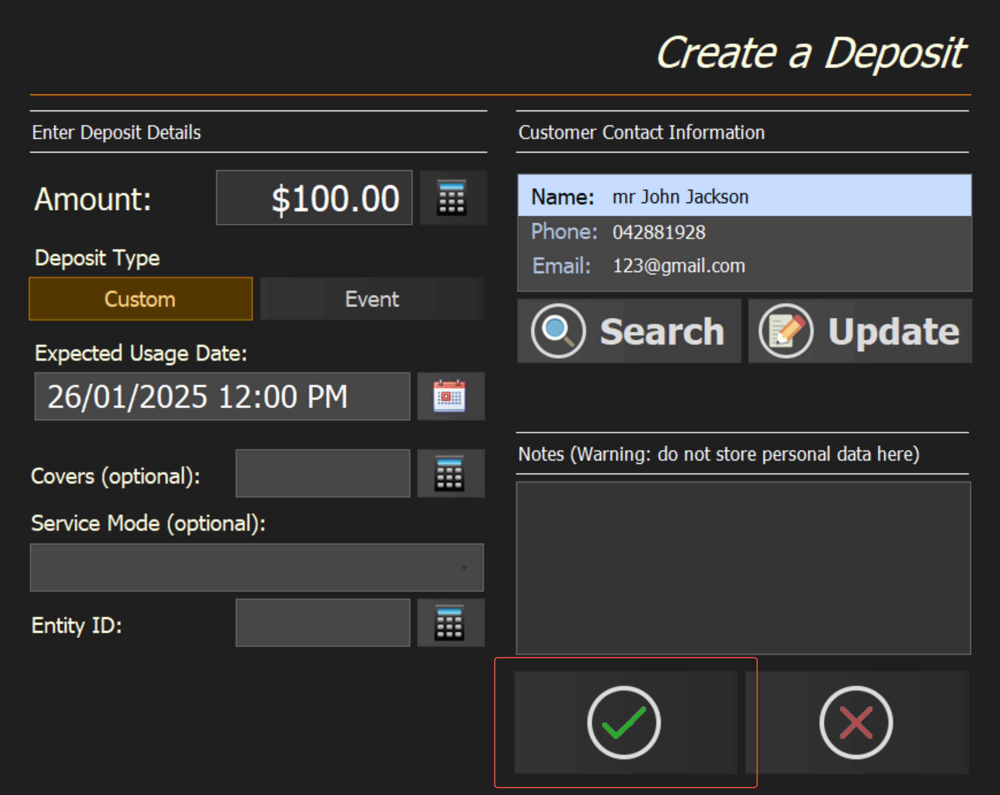 The completed deposit ready to be finalised