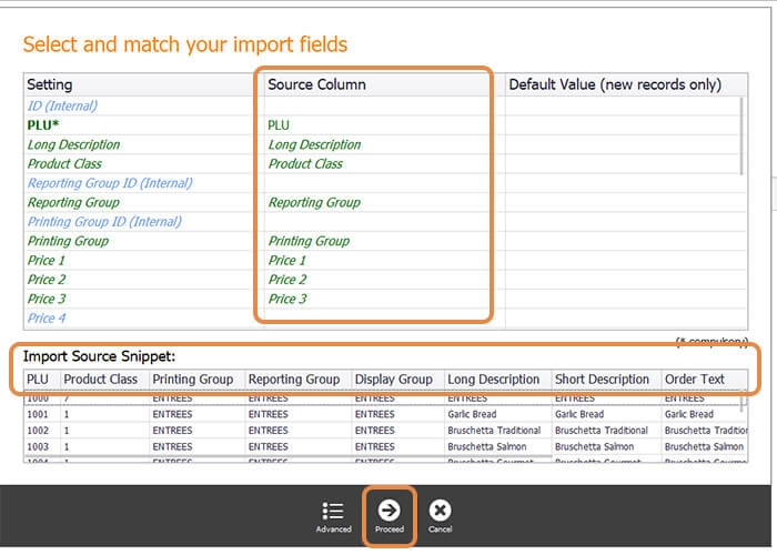 The field matching screen with columns already matched and the Proceed button