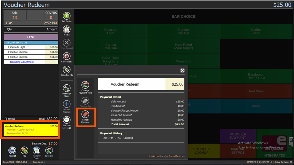 The payment summary with a gift card payment line selected and the Cancel option showing
