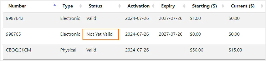 A registered gift card in Gift Card Manager showing the status Not Yet Valid