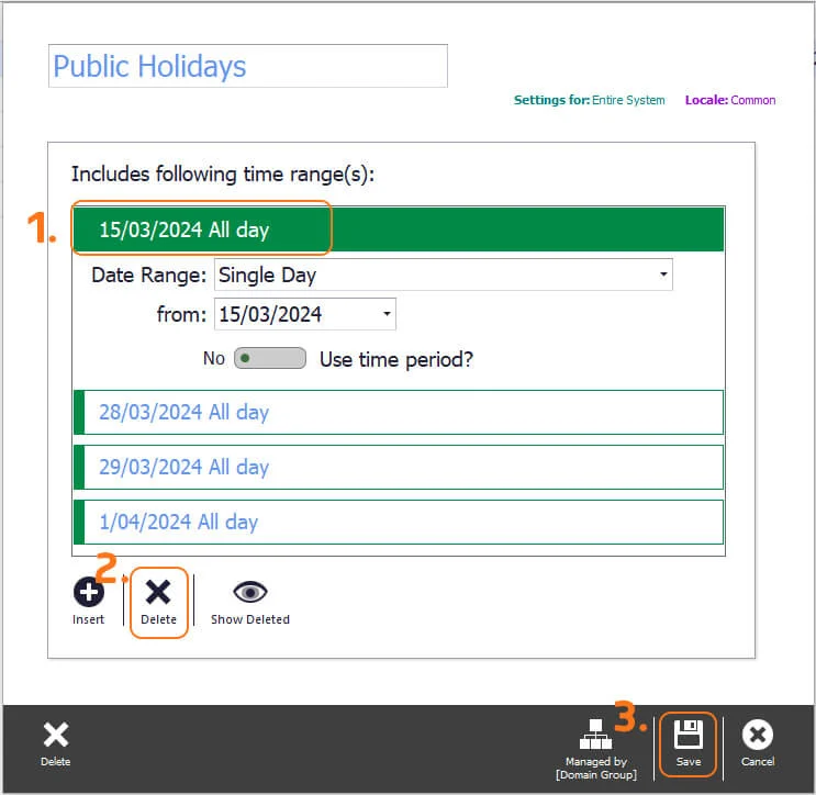 The schedule with today's date selected and the Delete option
