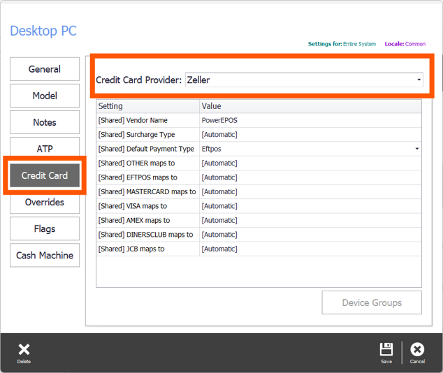 The Credit Card tab with the provider set to Zeller