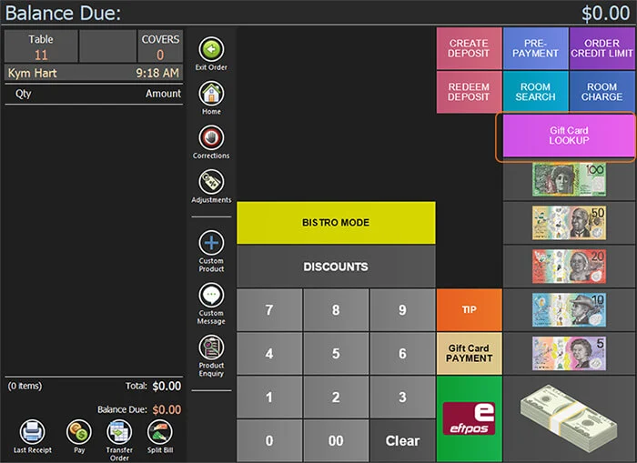 The POS payment screen with the Gift Card Look Up button