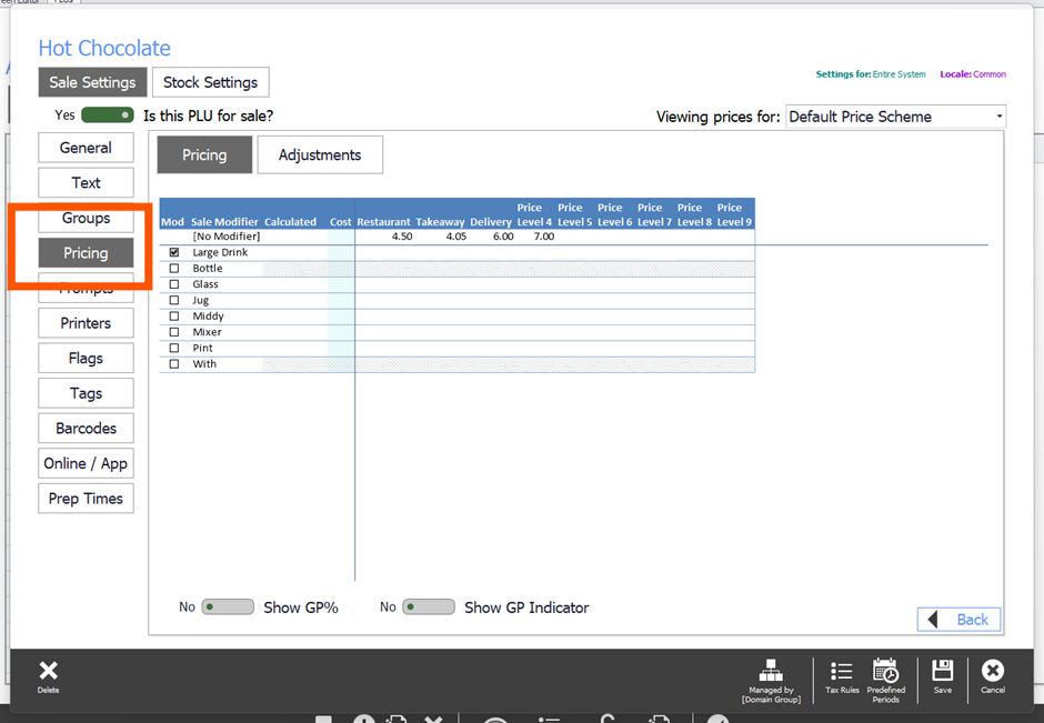 The sales modifier ticked in the PLU's pricing list with its price set