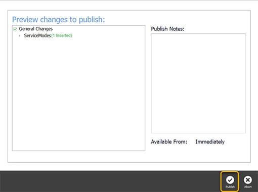 The publish screen with changes and outlets selected