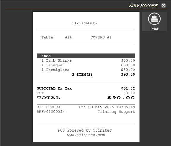 The receipt preview screen on the POS