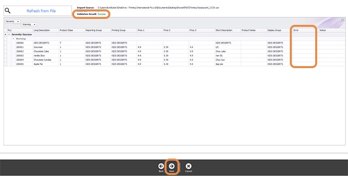 The validation screen showing a successful result and no errors