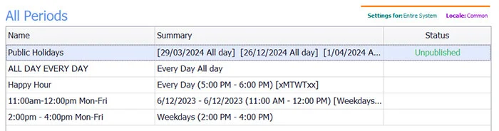 The schedule showing the added dates marked as unpublished