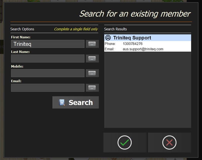 The member search, with results listed on the right of the screen