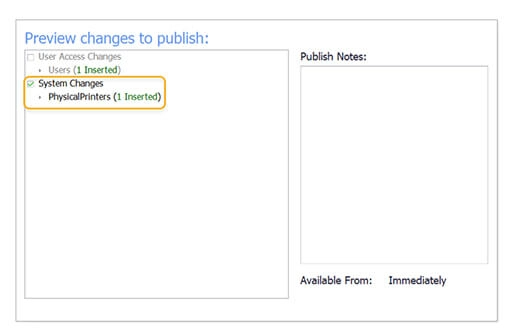 The publish screen with changes selected