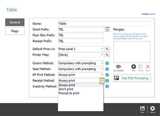 The Receipt Method drop-down set to always print