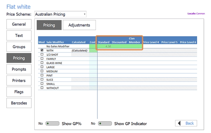 The PLU pricing settings with sales modifiers