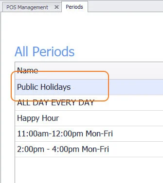 The Periods list with Public Holidays about to be opened